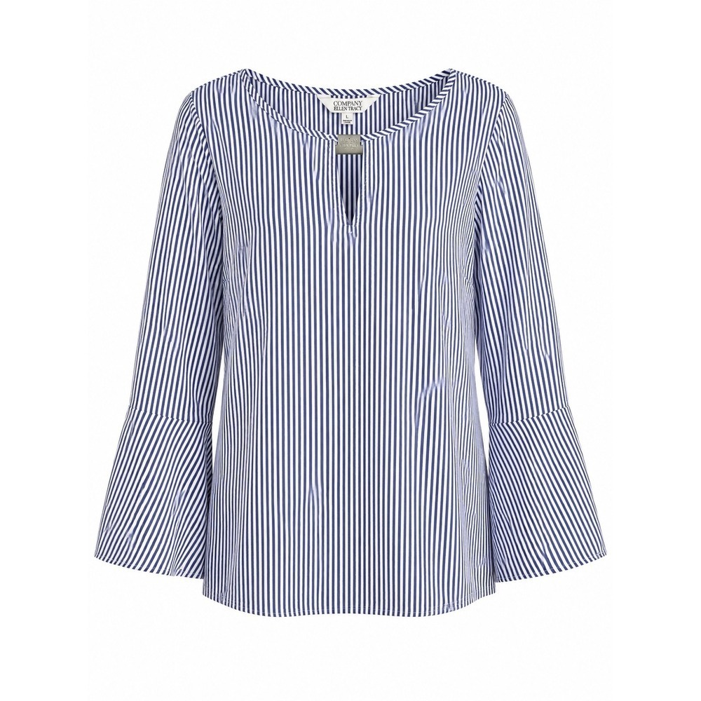 NWT Ellen Tracy Grace Indigo Stripe Bell Sleeve Top Large Preppy MSRP $70